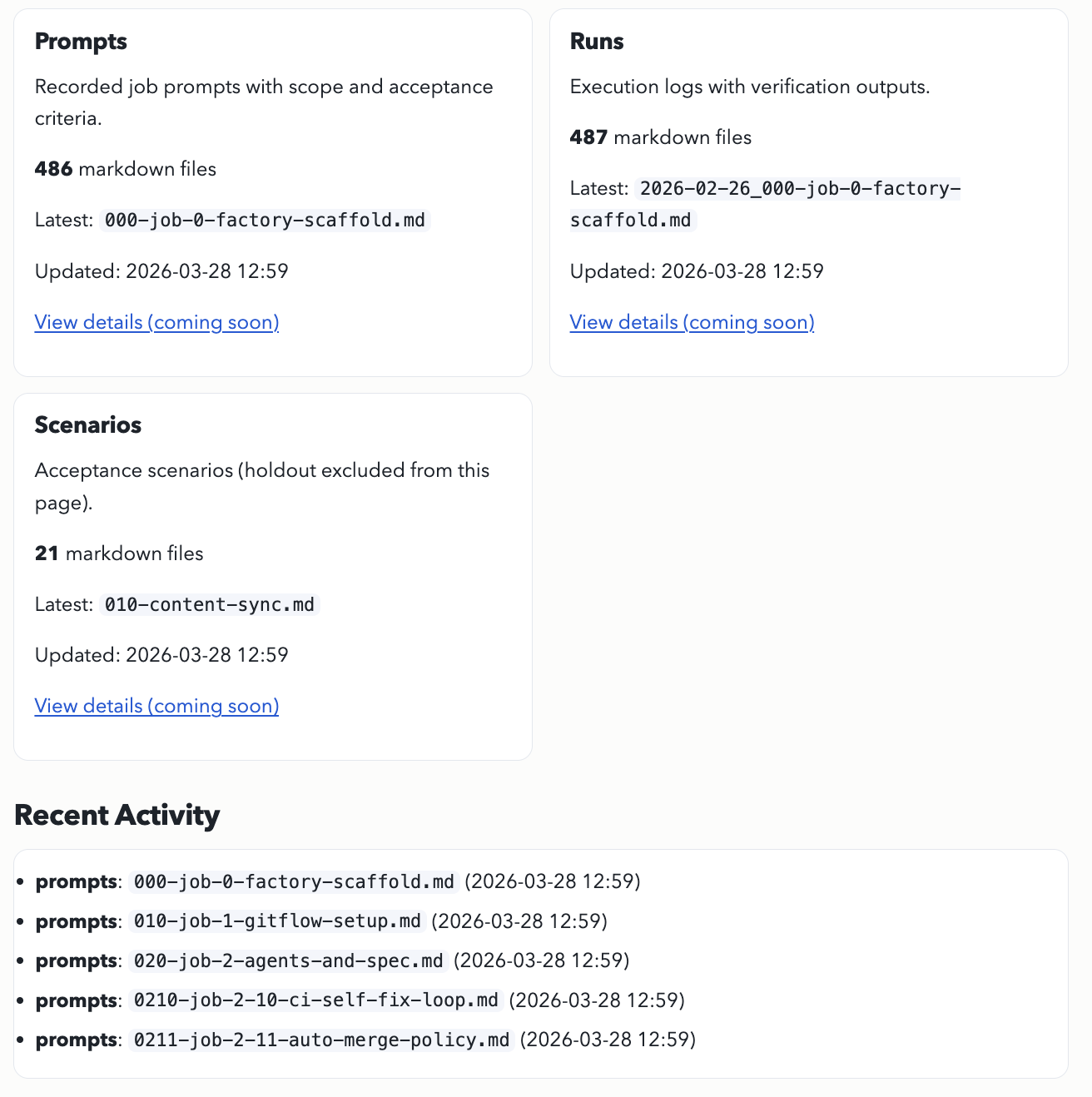 Factory Status dashboard showing prompts, runs, scenarios, and recent repository activity