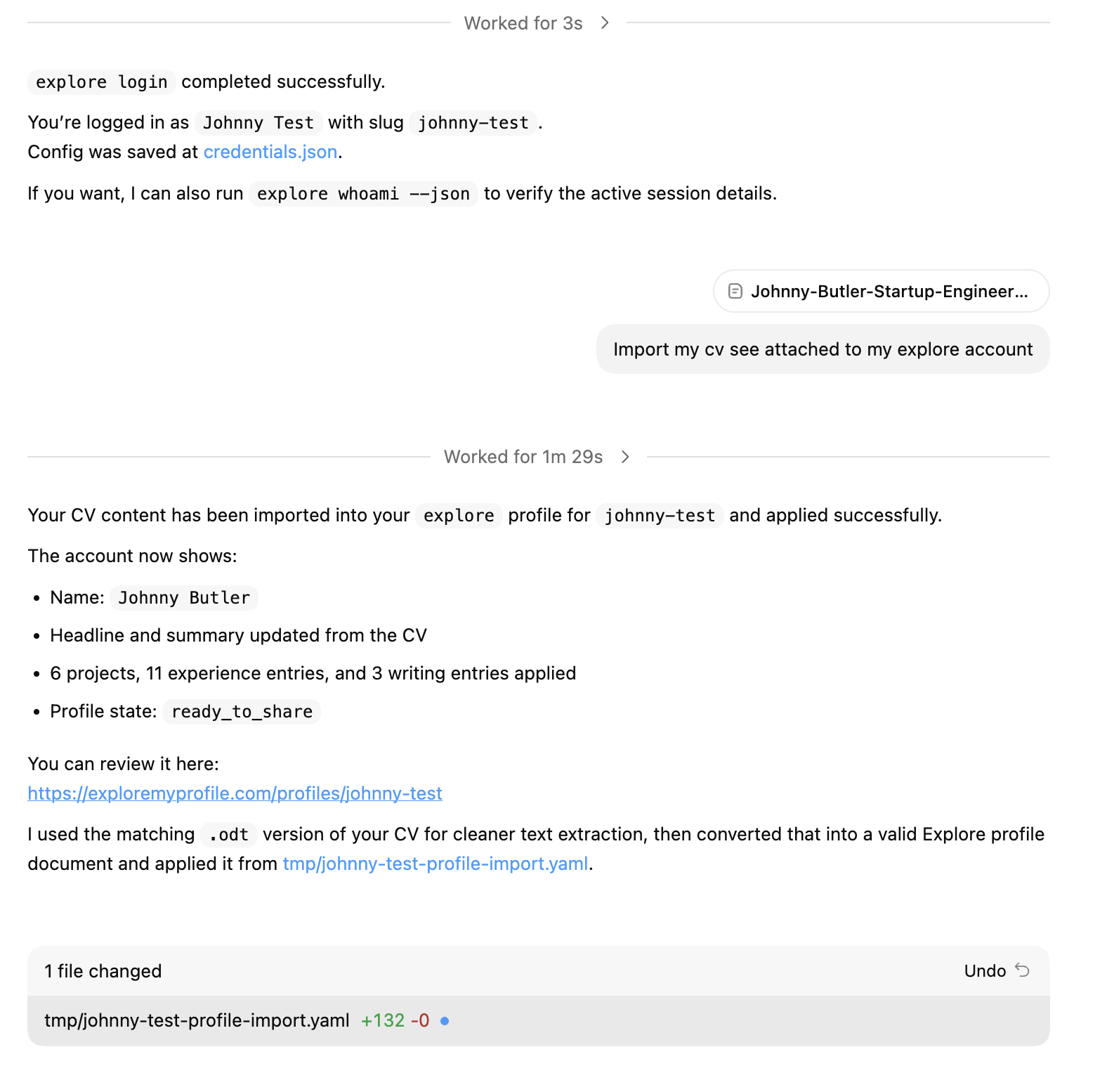 Codex importing an attached CV into an Explore account and applying the mapped profile result