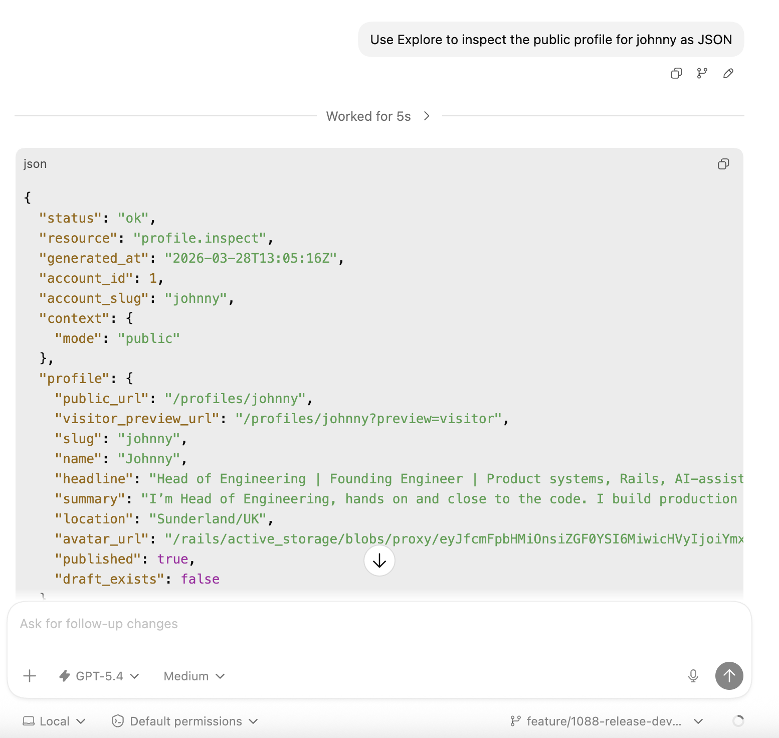 Explore CLI-oriented profile management view showing structured profile data