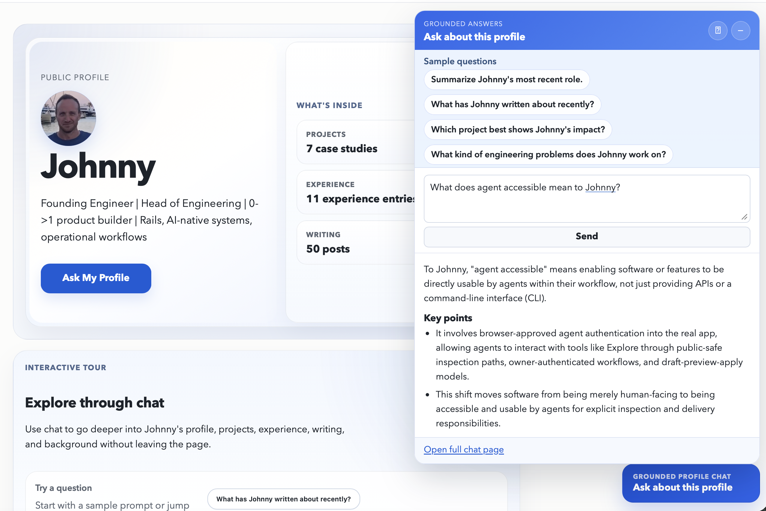 Explore homepage proof image showing a public profile, conversational exploration, and grounded answers in one screen