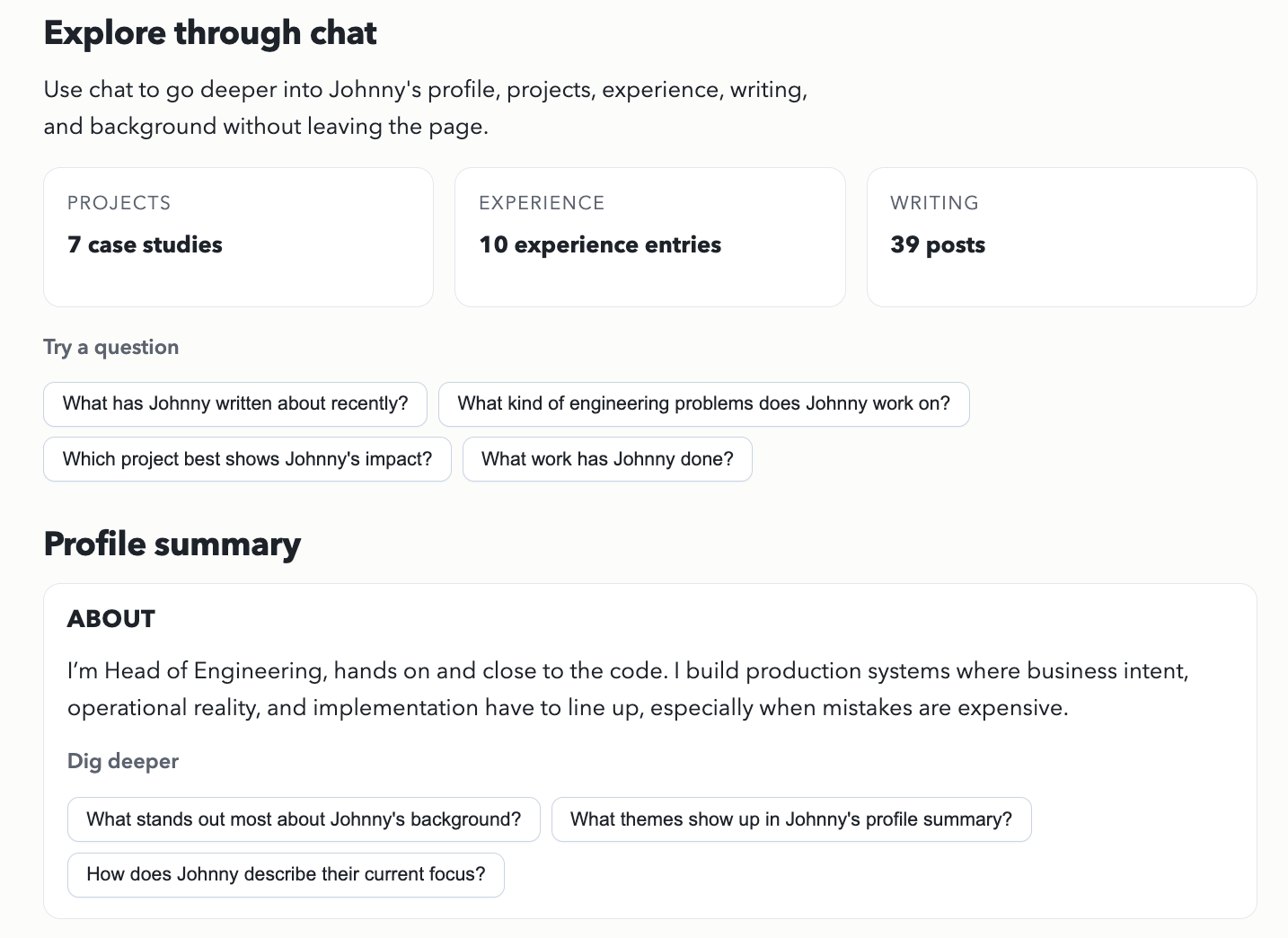 Example Explore profile showing chat entry points, content counts, and profile highlights